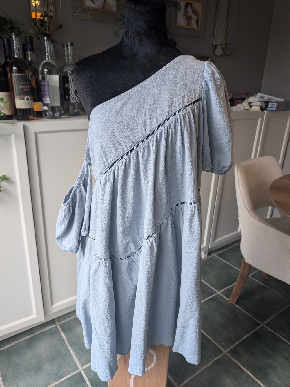Light Blue One-Shoulder Tiered Women's Dress